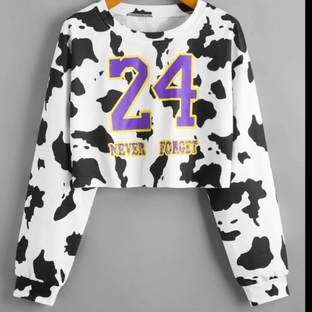 24 NEVER. FORGET❗️KOBE BRYANT Cow 🐄 Print Cotton Pullover Crop Sweatshirt